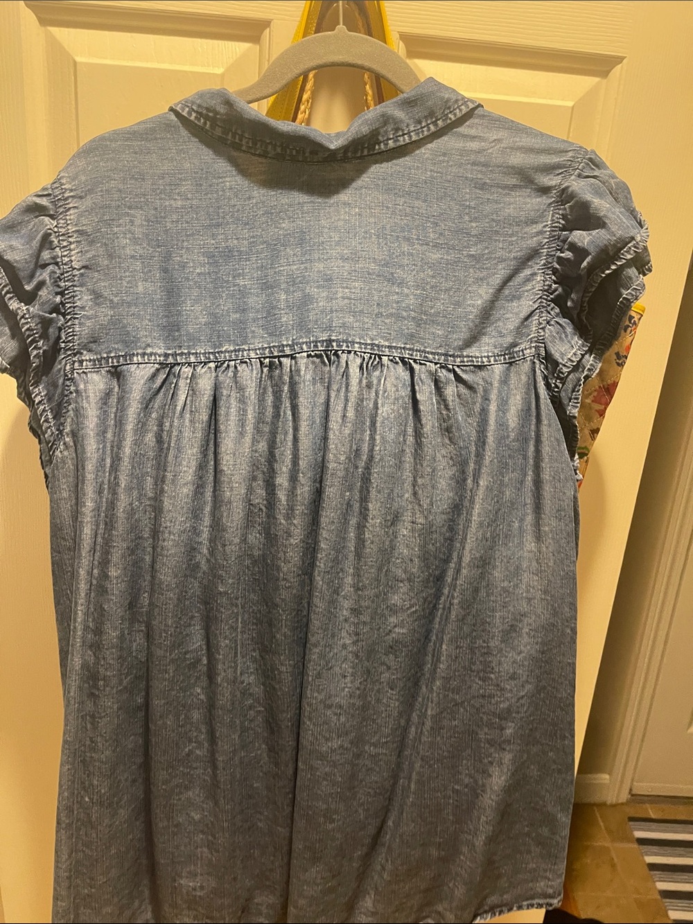Washed Chambray Ruffle Sleeve Blouse - Blue - Picture 3 of 3